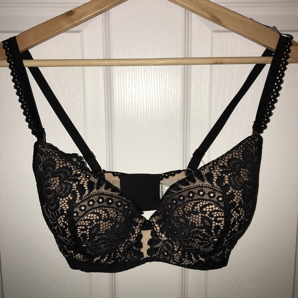 Aerie Real Power plunge Black Lace Nude push-up Bra Size 32DD